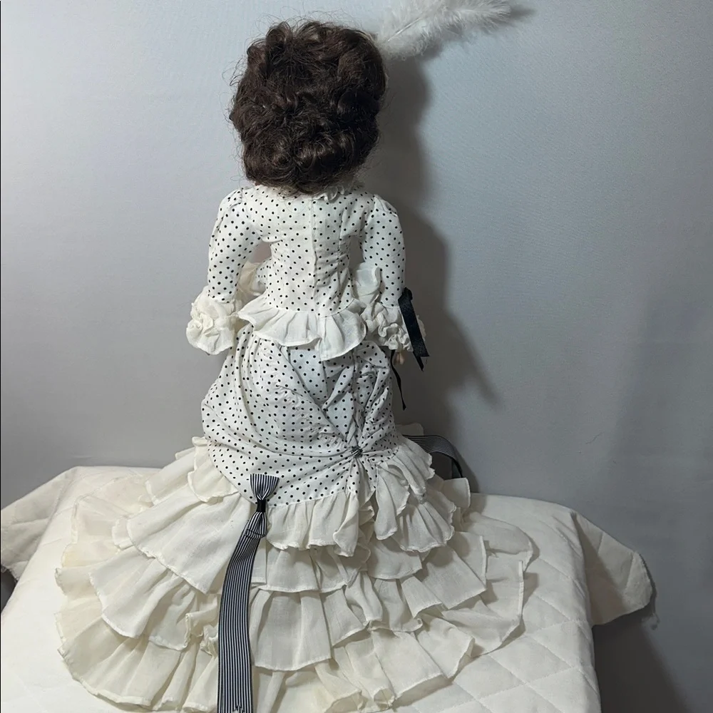 Elegant Victorian Vintage Doll With Hat Polkadot Ruffle Dress Under Garment Shoe - Picture 7 of 8